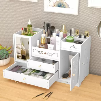 Organizator cosmetice si bijuterii cu sertare si oglinda machiaj, PVC, alb imagine