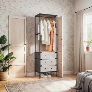 Organizator haine cu 3 sertare si bara umerase 41x41x188 cm, Negru imagine