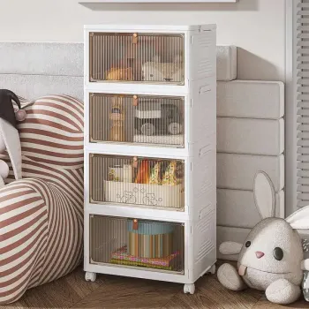 Organizator multifunctional Pliabil 4 Niveluri cu Usi Transparente si Roti Blocabile, 78,5 x 39 x 28 cm imagine