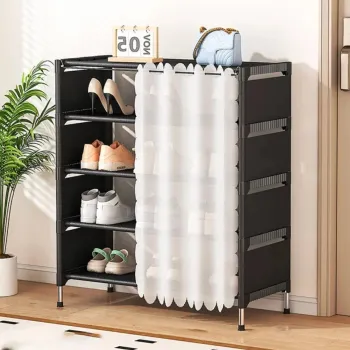 Organizator pantofi 5 rafturi cu perdea protectie, 58x26x78cm, negru imagine