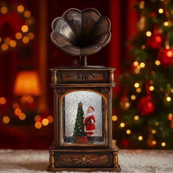 Ornament de Craciun tip gramofon, glob de cristal cu Mos Craciun si bradut, cu ventilator de zapada, muzical, din metal, Maro imagine