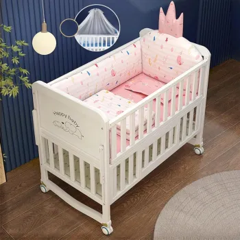 Patut bebe din lemn alb cu plasa de tantari, saltea, pilota si covoras-pat nou-nascuti multifunctional, 118x68cm imagine