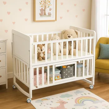 Patut bebelusi din lemn stil scandinav cu roti, laterale de protectie, set 5 piese si baldachin, alb 125 x 70 x 100 cm imagine