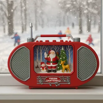 Radio decorativ de Craciun cu Mos Craciun - cu lumini, efect de ninsoare si design retro imagine
