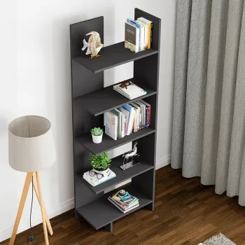 Raft Biblioteca Asimetric 5 Polite MDF Negru Decorativ Perete imagine