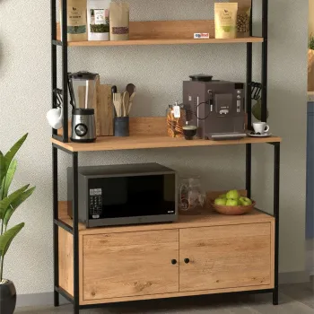 Raft bucatarie Ethiopia cu 2 usi, 90 x 180 cm, 3 polite deschise + 2 usi inferioare, cadru metalic + PAL melaminat 18 mm, capacitate mare depozitare pentru bucatarie sau camara, stil industrial modern loft imagine
