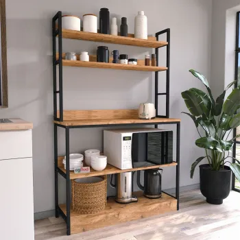Raft bucatarie Panama cu rafturi deschise si inchise, 80 x 170 cm, suport dedicat microunde si accesorii mari, cadru metalic rezistent + PAL melaminat 18 mm, stil industrial modern pentru bucatarie sau camara imagine