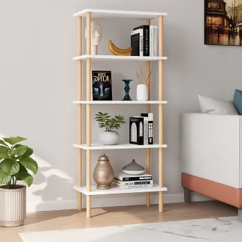 Raft decorativ cu 5 polite  din lemn, design modern, 29x60x137 cm imagine