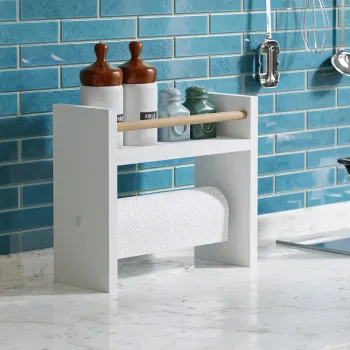 Raft lemn bucatarie 2 in 1 cu suport prosop hartie, organizator condimente, 30x13.5x29 cm imagine