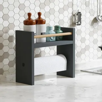Raft lemn bucatarie 2 in 1 cu suport prosop hartie, organizator condimente, 30x13.5x29 cm imagine