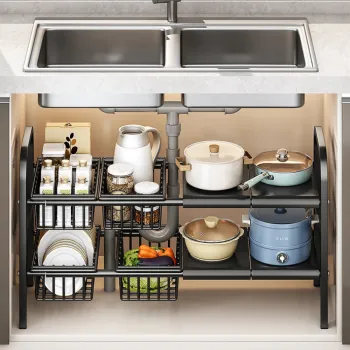 Raft metalic pentru depozitare sub chiuveta, extensibil 55-85 cm, 4 cosuri, 85 (L) x 38 (l) x (H) cm, negru imagine