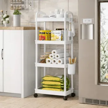 Raft organizator cu 4 niveluri, mobil, multifunctional, cu roti si accesorii incluse 97x25,5x34,5 cm imagine