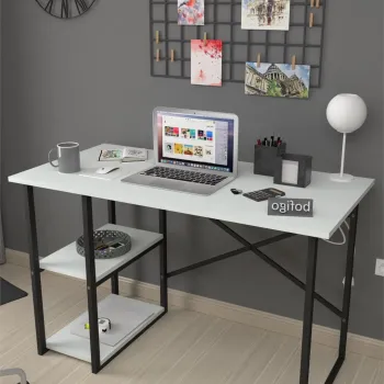 RESIGILAT - Birou de Lucru cu 2 Niveluri si Rafturi Integrate, Cadru Metalic, 120 x 60 x 75 cm imagine