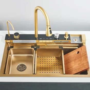 RESIGILAT - Chiuveta multifunctionala cu 2 cascade cu accesorii incluse, afisaj digital a temperaturii si robinet cascada, culoare Gold, 750x460mm imagine