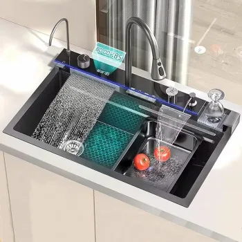 RESIGILAT - Chiuveta multifunctionala cu 2 cascade cu accesorii incluse, afisaj digital a temperaturii si robinet cascada, culoare negru grafit imagine