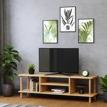 RESIGILAT - Comoda TV cu rafturi, 120 cm, model cu picioare din lemn imagine
