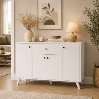 RESIGILAT - Dulap multifunctional 120x43,4x89 cm, cu 4 usi si sertare, pentru bucatarie, camara sau colt de cafea, alb imagine