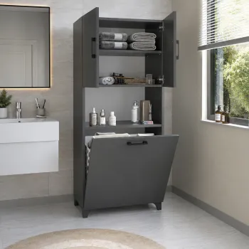 RESIGILAT - Dulap multifunctional pentru baie sau bucatarie, cu spatiu pentru cos de rufe, 60 x 33,8 x 153,6 cm imagine