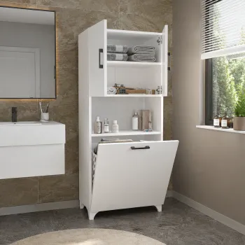 RESIGILAT - Dulap multifunctional pentru baie sau bucatarie, cu spatiu pentru cos de rufe, 60 x 33,8 x 153,6 cm imagine