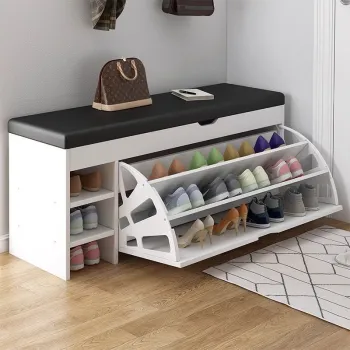 RESIGILAT - Dulap pentru pantofi tip bancheta, 100 x 30 x 51 cm, Alb/Maro/Gri imagine