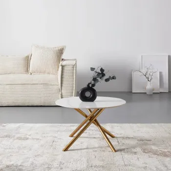 RESIGILAT - Masa de Cafea Rotunda 70x70x44 cm cu Blat Alb si Picioare Auriu - Design Modern Premium imagine