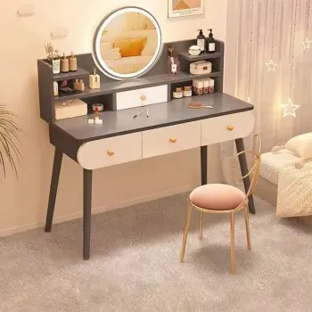 RESIGILAT - Masa toaleta cu oglinda LED tactila, cu rafturi si sertare - MDF + lemn masiv, alb/gri, 100x120x40 cm imagine