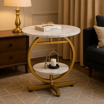 RESIGILAT - Masuta de cafea rotunda cu design tip marmura, 2 nivele de depozitare imagine