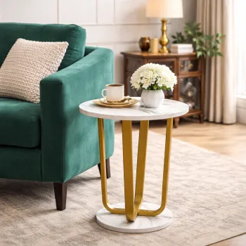 RESIGILAT - Masuta rotunda, blat efect marmura, cadru metalic auriu, design modern, 40x55 cm imagine