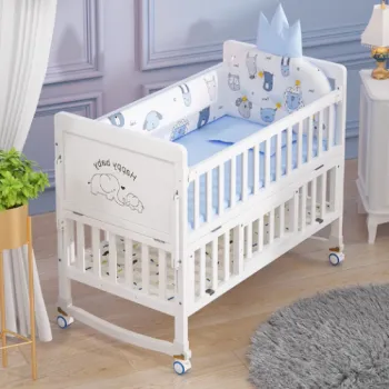 RESIGILAT - Patut bebe din lemn alb cu plasa de tantari, saltea, pilota si covoras-pat nou-nascuti multifunctional, 118x68cm imagine