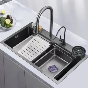 RESIGILAT - Set chiuveta bucatarie cu baterie cu dus extractibil si accesorii, culoare gri antracit imagine
