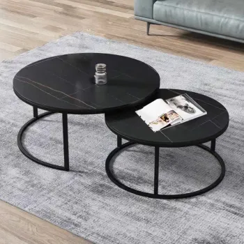 RESIGILATE - Set 2 masute rotunde de cafea cu efect de marmura, diametru 80/60 cm, blat MDF, cadru metalic imagine