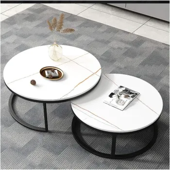 RESIGILATE - Set 2 masute rotunde de cafea cu efect de marmura, diametru 80/60 cm, blat MDF, cadru metalic imagine