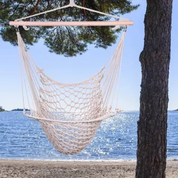 Scaun hamac de exterior suspendat cu bara de lemn, capacitate 110 kg, pentru interior sau exterior imagine