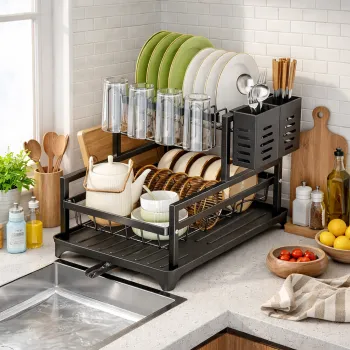 Scurgator vase cu suport scurgere automata,, cu suport de tacamuri si pahare, 30 x 42 x 31.5 cm, Negru imagine