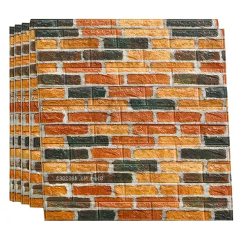 Set 10 x Tapet 3D caramida negru-portocaliu, auto-adeziv pentru interior, 70 x 77 cm imagine