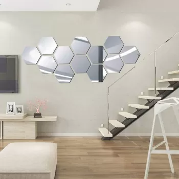 Set 12 oglinzi acrilice autoadezive decorative forma hexagon, diametru 12.5, 20 si 23 cm imagine
