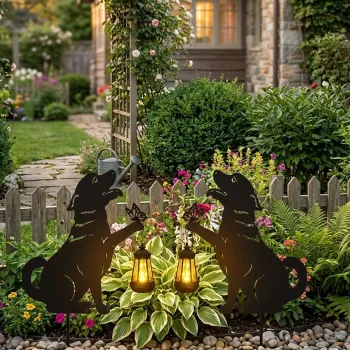 Set 2 Decoratiuni Solare de Gradina, Model Catelus cu Felinar LED si Fluture, din Metal imagine