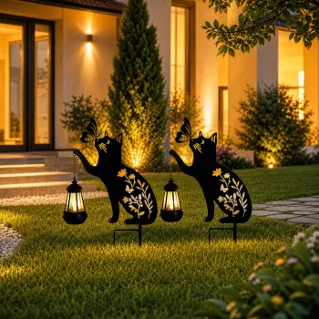 Set 2 Decoratiuni Solare de Gradina Pisica Neagra cu Felinar LED Fluture Metal imagine