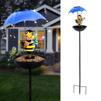 Set 2 Lampi Solare Decorative cu Hranitoare Pasari Model Albinuta si Broscuta Gradina imagine