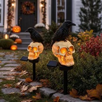 Set 2 Lampi Solare Halloween cu Craniu si Cioara Decoratiuni Gradina Curte imagine