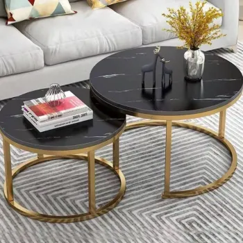 Set 2 masute rotunde de cafea cu efect de marmura, blat MDF, cadru metalic auriu, 70x45 cm si 50x38 cm imagine