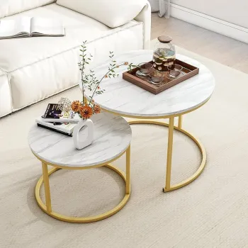 Set 2 masute rotunde de cafea cu efect de marmura, blat MDF, cadru metalic auriu, 70x45 cm si 50x38 cm imagine