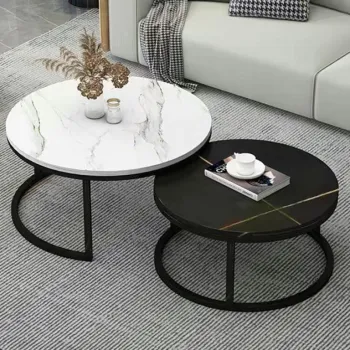 Set 2 masute rotunde de cafea cu efect de marmura, diametru 80/60 cm, blat MDF, cadru metalic imagine