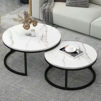 Set 2 masute rotunde de cafea cu efect de marmura, diametru 80/60 cm, blat MDF, cadru metalic imagine