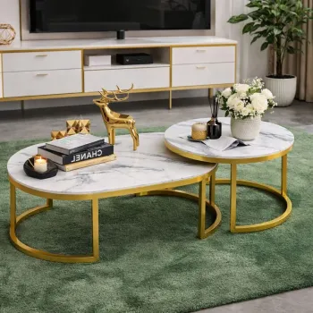 Set 2 Mese Cafea, Design Modern Minimalist, Blat Alb Efect Marmura, Cadru Metalic Auriu imagine