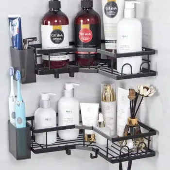 Set 2 rafturi de colt pentru baie sau bucatarie, cu suport pentru periuta si pasta de dinti, imagine