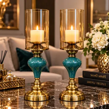 Set 2 Sfesnice Decorative Premium cu Sticla Amber si Accente Turcoaz-Aurii - Inaltime 38 cm imagine