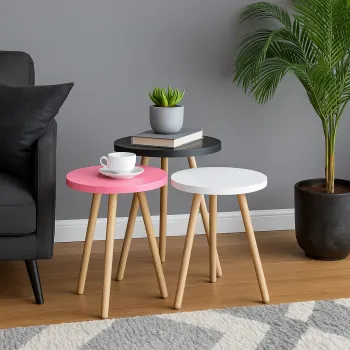 Set 3 masute decorative rotunde, cu picioare din lemn, stil scandinav, 3 inaltimi 41 / 45 / 49 cm imagine