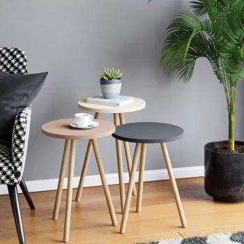 Set 3 masute decorative rotunde, cu picioare din lemn, stil scandinav, 3 inaltimi 41 / 45 / 49 cm imagine