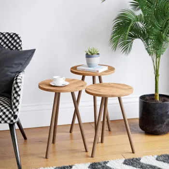 Set 3 masute decorative rotunde, cu picioare din lemn, stil scandinav, 3 inaltimi 41 / 45 / 49 cm imagine